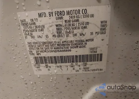 2013 Ford Edge Se из США, поврежденный, VIN 2FMDK3G99DBA95899